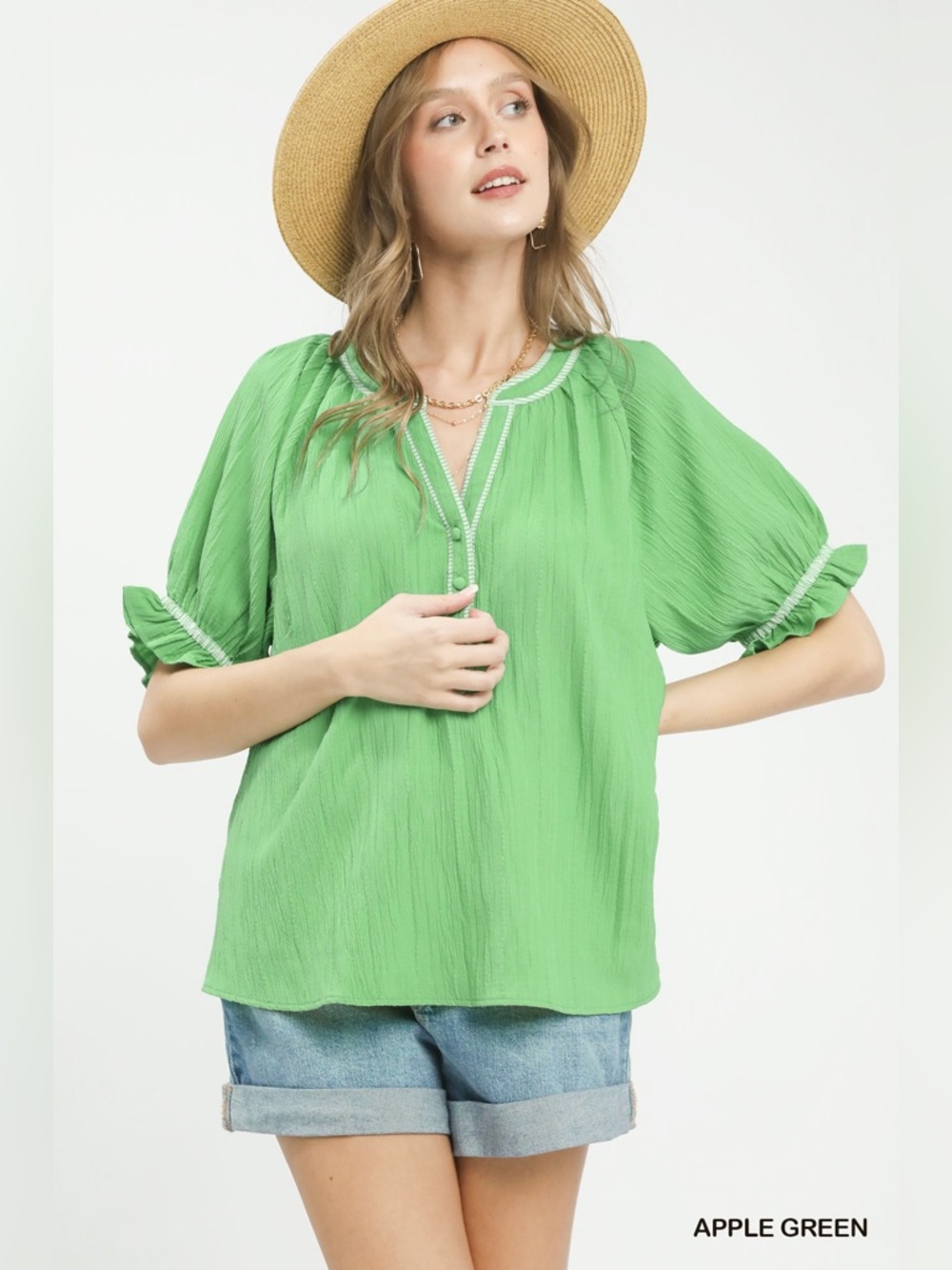 Umgee Textured Split Neck Puff Sleeve Top